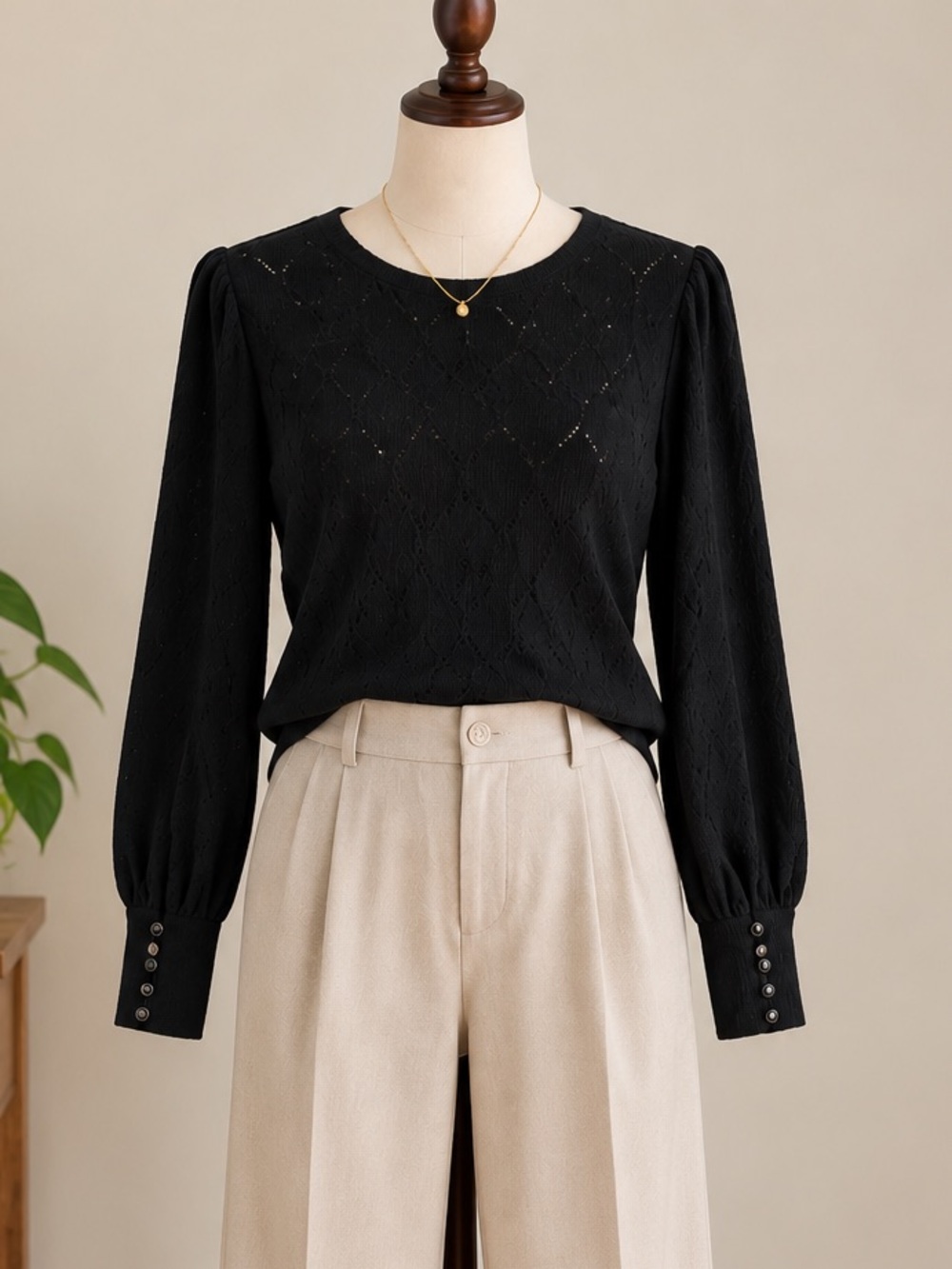 RW&CO Black Openwork Blouse XS Bishop Sleeve Office Siren Dark Academia Romantic